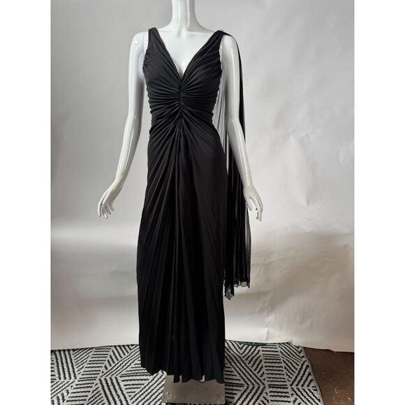 BCBG Max Azria Black Pleated Evening Gown With Sheer Asymmetrical Drape & Ruched - Picture 14 of 16